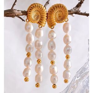 Gold Plated Stainless Steel Nautilus Pearl Drop Earring